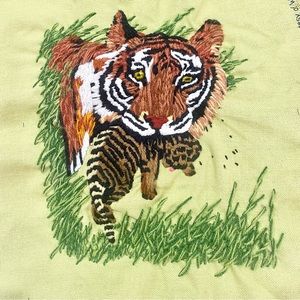 Vintage Needlepoint 1975 Bengal Tiger On Green Fabric Pillow Seat Cover Handmade